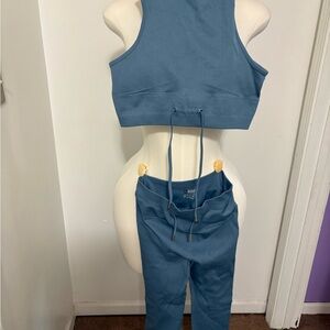 Blue Ribbed Crop Top and Leggings Set